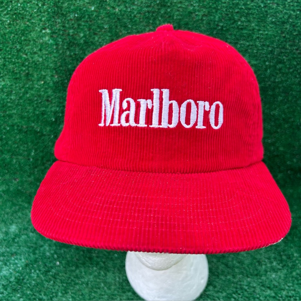 Vintage Marlboro Corduroy Snapback Hat Cap Red Adjustable Tobacciana Cap 90s